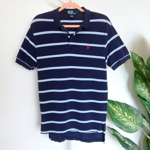 Ralph Lauren Men's Navy Blue Striped Short Sleeve Collared Polo Shirt Size S - Picture 2 of 6